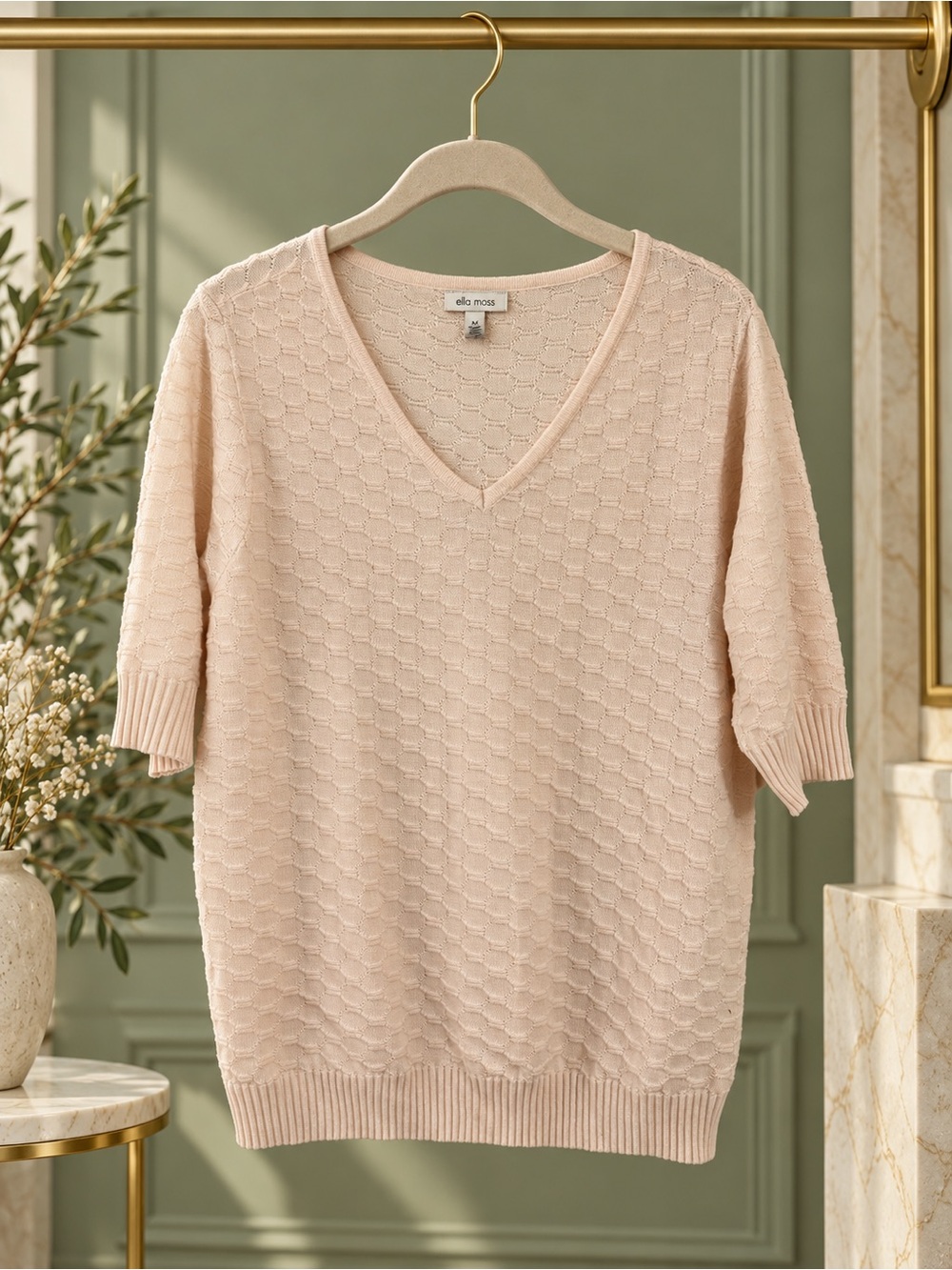 Ella Moss Cream Pink Honeycomb Textured V-Neck Elbow Sleeve Sweater Size M